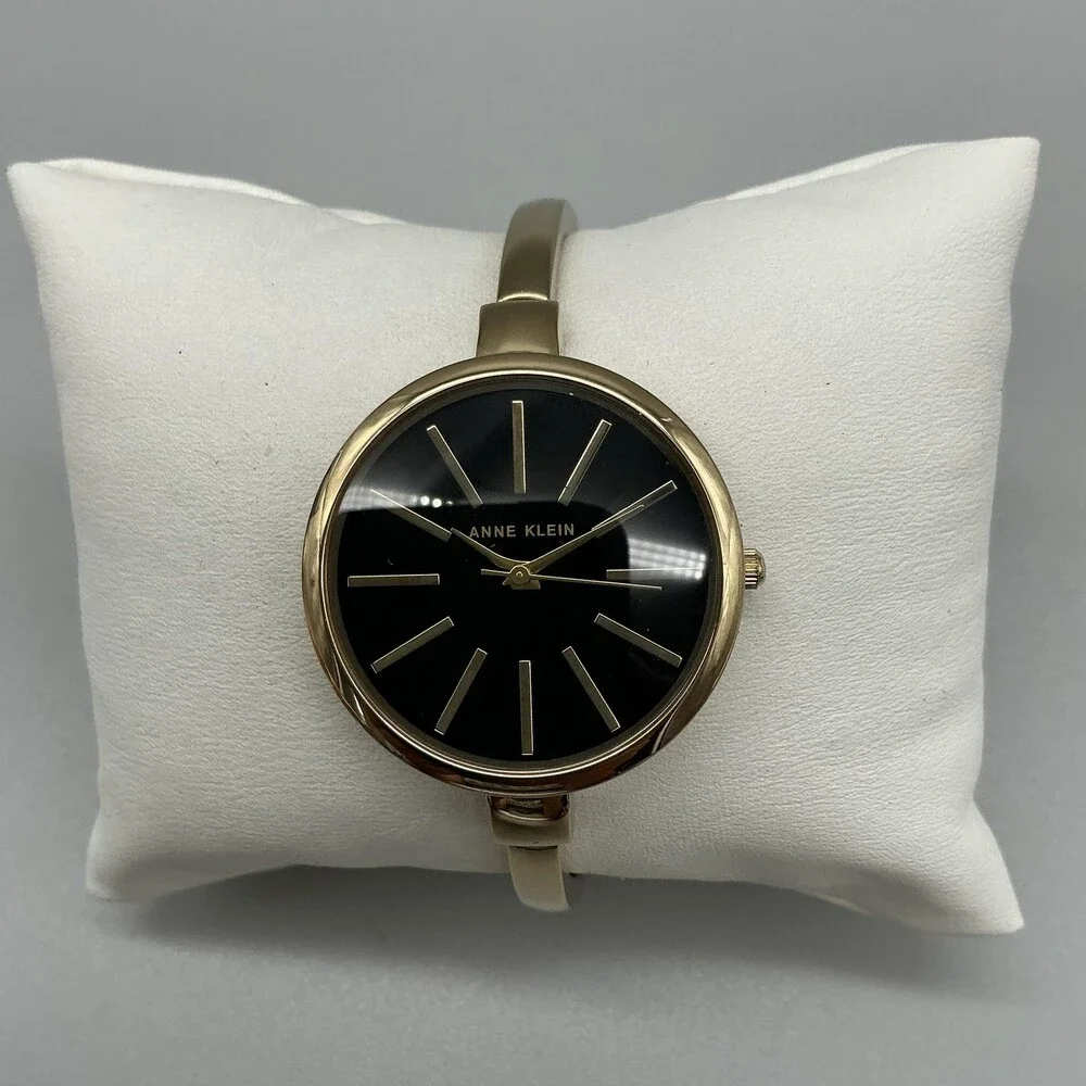 Anne Klein Womens Watch 32mm Black Dial Gold Tone Bangle New Battery 6.75
